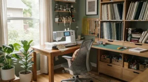 A creative home studio featuring a reliable sewing embroidery combo for textile art