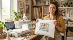 A beginner completing their very first project on a sewing embroidery combo machine