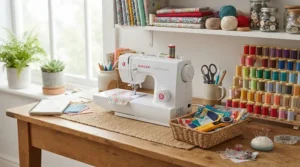 An organised home craft setup featuring a versatile sewing embroidery combo machine
