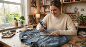 A home crafter customising garments using a modern sewing embroidery combo