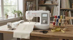 A tabletop workspace equipped with a compact sewing embroidery combo and sewing notions