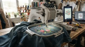 A sewing embroidery machine for small business featuring a production-ready hoop stitching a large jacket design.