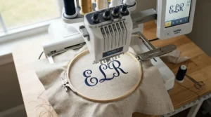 Close-up of a sewing embroidery machine for small business stitching custom initials onto linen napkins.