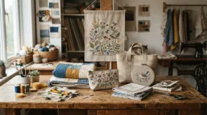 Finished garments folded neatly next to a sewing embroidery machine for small business in a boutique.