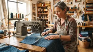 An entrepreneur operating a sewing embroidery machine for small business in a home-based studio space.