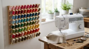 Colourful spools lined up beside a sewing embroidery machine for small business ready for an order.