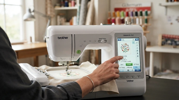 An artisan selecting a stitch pattern on the touchscreen of a sewing embroidery machine for small business.