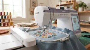 A modern sewing embroidery machine for small business setup on a wooden workbench in a bright studio.