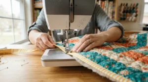 Finishing the neat edge of a handmade textile piece with a versatile sewing quilting machine for advanced quilters.