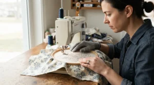 Creating swirling stitch patterns by hand movement using a sewing quilting machine for advanced quilters on a wooden craft table.