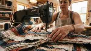 An expert crafter working on a massive king-size blanket using a sewing quilting machine for advanced quilters in a cosy craft room.