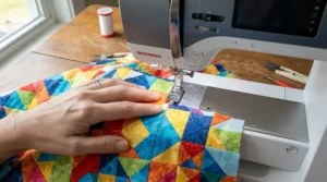 Precision piecing of intricate cotton squares on a modern sewing quilting machine for advanced quilters with clear metric guides.