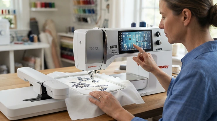 Examining decorative stitch variations on a digital screen of a sewing quilting machine for advanced quilters.