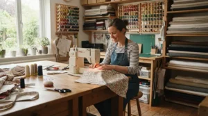 A dedicated home studio setup featuring a high-end sewing quilting machine for advanced quilters surrounded by colourful fabrics.