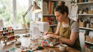 A beginner using a sewing quilting machine on a wooden craft table with colourful fabric scraps.