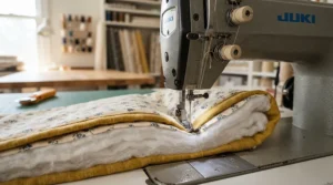 A heavy-duty sewing quilting machine stitching through thick layers of wadding and cotton fabric.