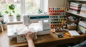 A compact sewing quilting machine set up in a bright, organised home studio with thread racks.