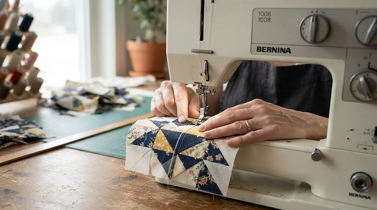 Accurate piecing of traditional quilt blocks on an advanced sewing quilting machine.