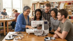 Students learning modern techniques on a WiFi-enabled sewing machine for small business use in a college.