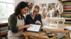 Team members sharing digital patterns on a WiFi-enabled sewing machine for small business use.