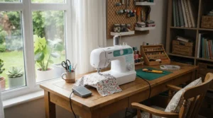 A tidy home-office workspace featuring a compact WiFi-enabled sewing machine for small business use.