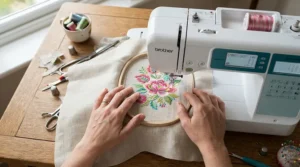 An artisan uploading a custom embroidery pattern to a WiFi-enabled sewing machine for small business use.