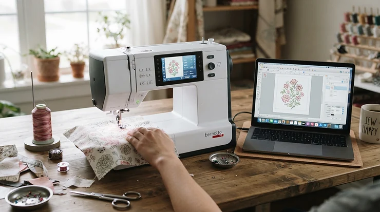 Connecting a laptop wirelessly to a WiFi-enabled sewing machine for small business use during production.
