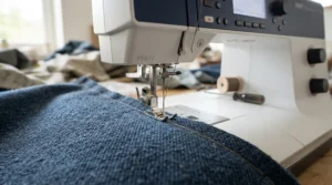 Stitching intricate upholstery details on a WiFi-enabled sewing machine for small business use in Manchester.
